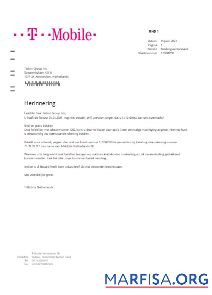 Blank T Mobile Netherlands utility business bill, SCR template